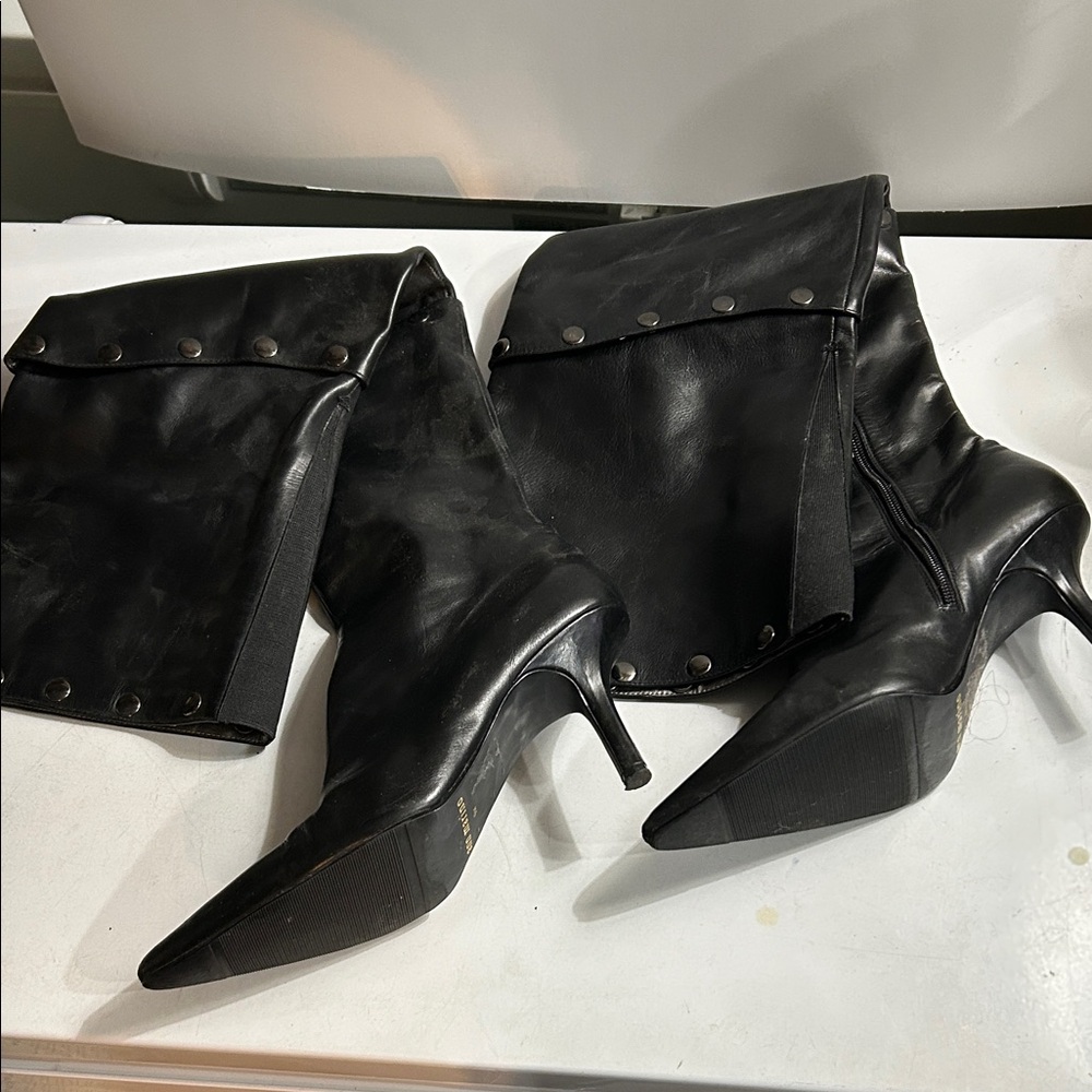 Ann Marino Black pointed toe leather Boots with Stud Accents,